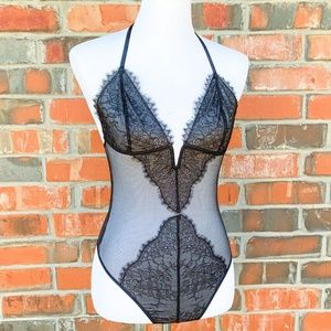 Victoria's Secret Lingerie Teddy One Piece Bodysuit Black Sheer Lace Very Sexy M
